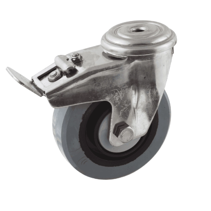 Edelstahl-Laufrad 100 mm mit Bremse, grauer elastischer Gummireifen