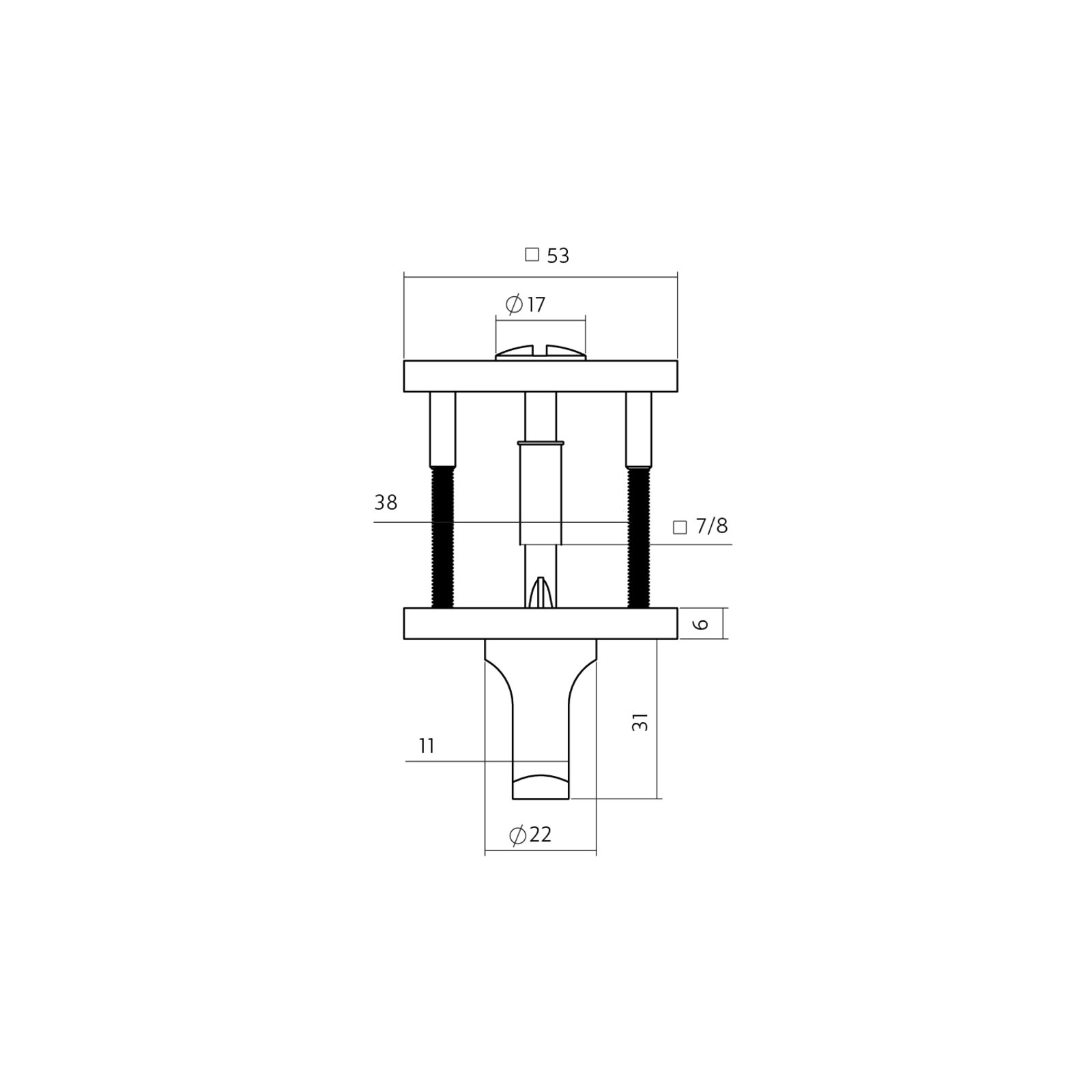 Intersteel Bad/WC Rosetten verdeckt 53x53x6mm mit Stift 6-8mm PVD bronze