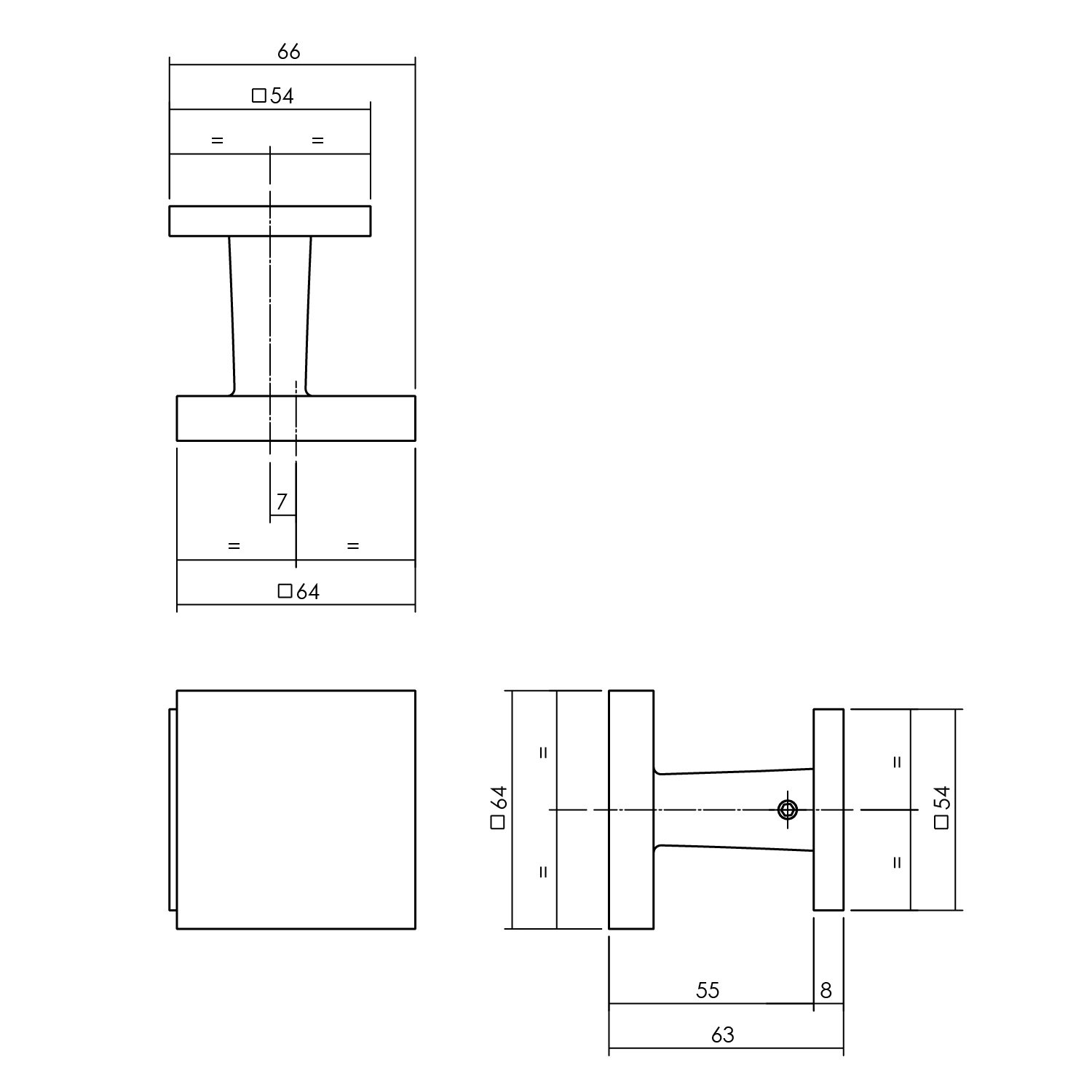 Intersteel Haustürknopf eckig 64x64mm auf Hinterplatte 54x54mm versetzt einseitiger Befestigung PVD 
