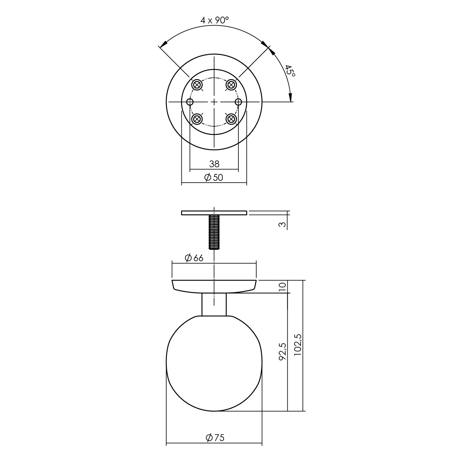 Intersteel Haustürknopf kugel ø75mm auf Hinterplatte ø66mm einseitiger Befestigung PVD messing vibri