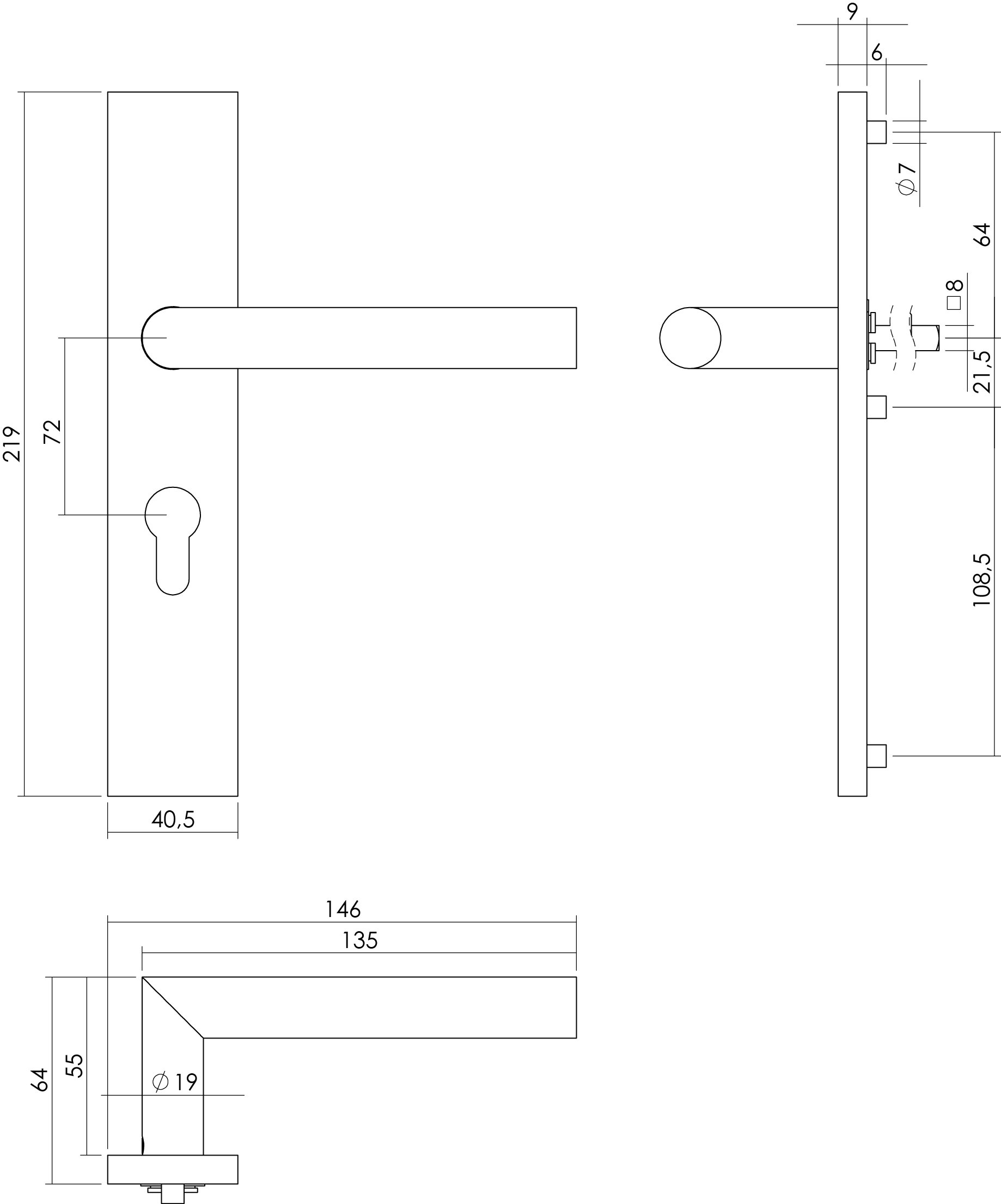 Intersteel Türdrücker 90° Winkel auf rechteckigem Schild mit Profilzylinder-Lochung 72 mm Edelstahl 