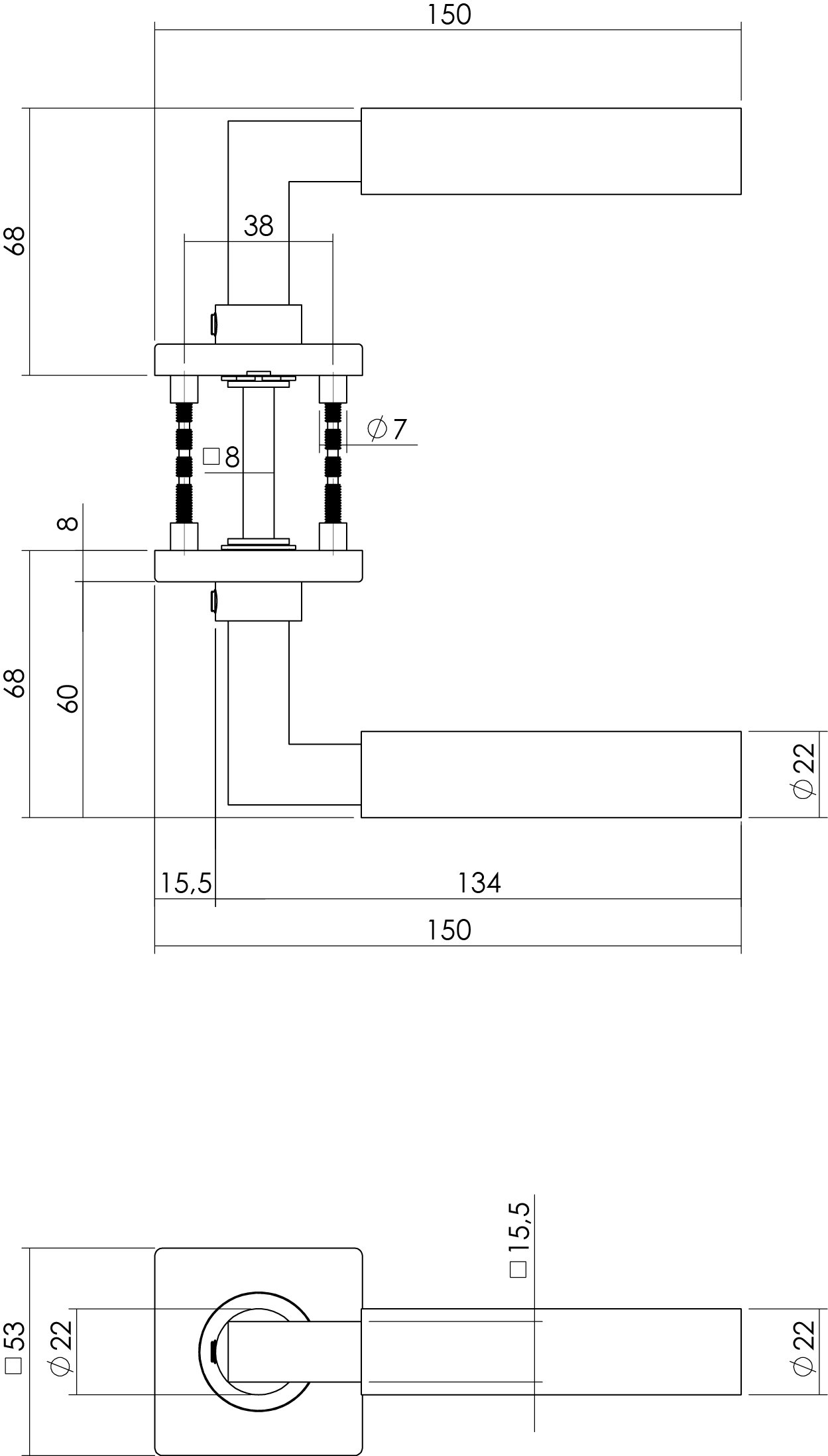 Intersteel Türdrücker Baustil Rosette 53x53x8 mm + 7 mm Nocken mit Bad/WC 8 mm Stift Edelstahl gebür