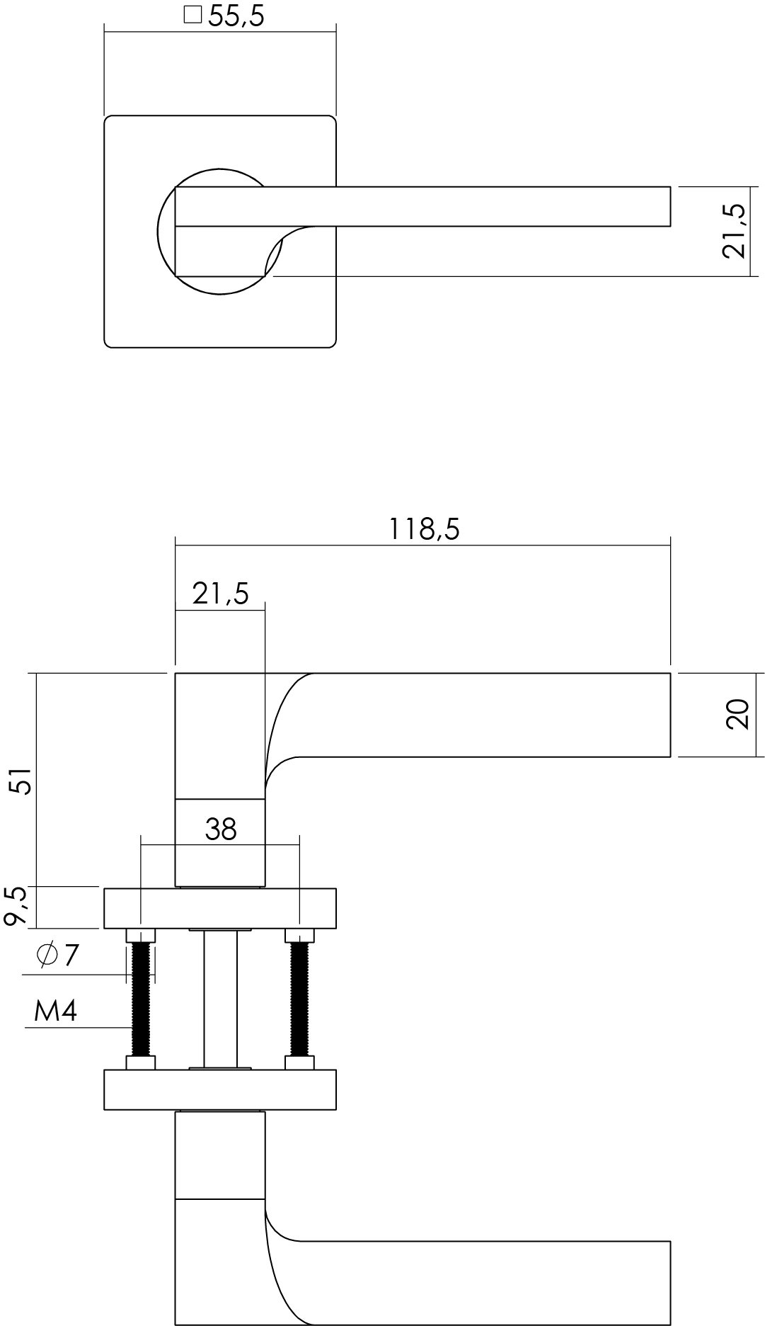 Intersteel Türdrücker Ben auf Rosette 55x55x10 mm mit Bad/WC 8 mm stift Chrom/Nickel matt
