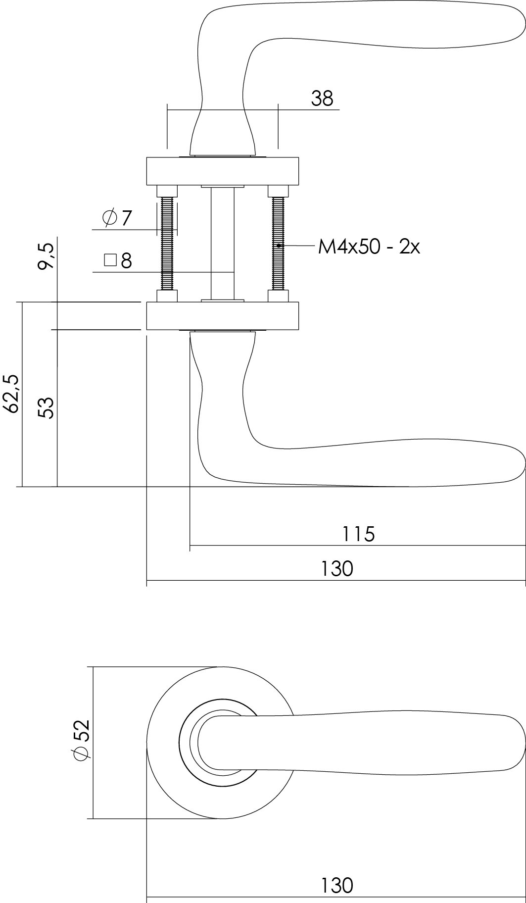 Intersteel Türdrücker Bjorn auf Rosette ø52x10 mm mit Bad/WC 8 mm stift Chrom/Nickel matt