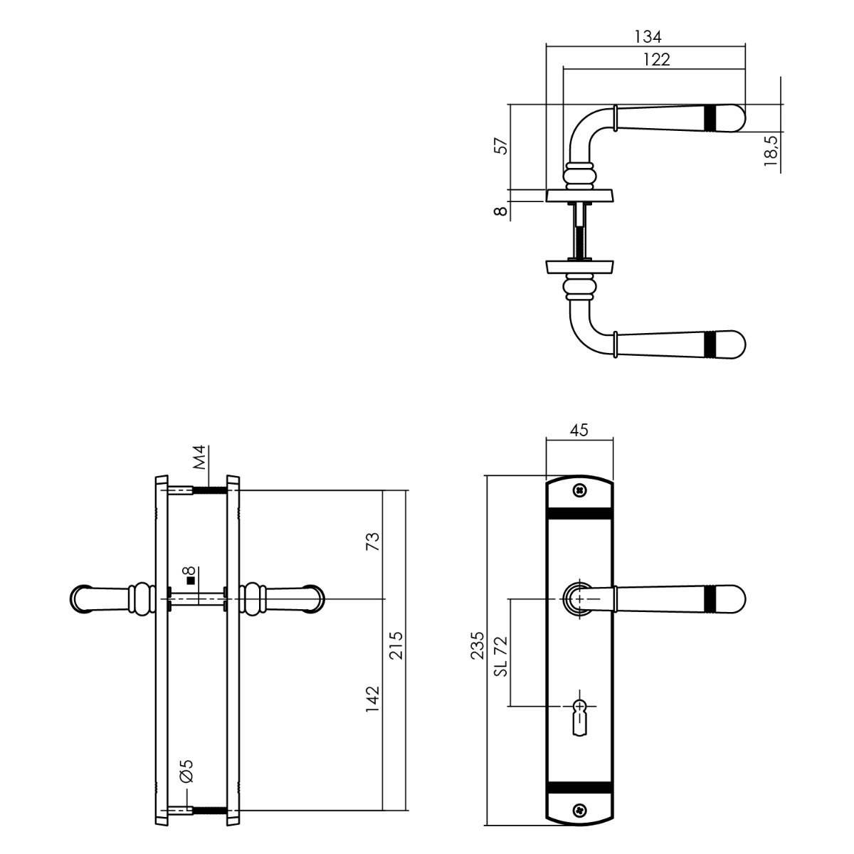 Intersteel Türdrücker Helena auf Schild 235x45x8 mm BB 72 mm Messing brüniert