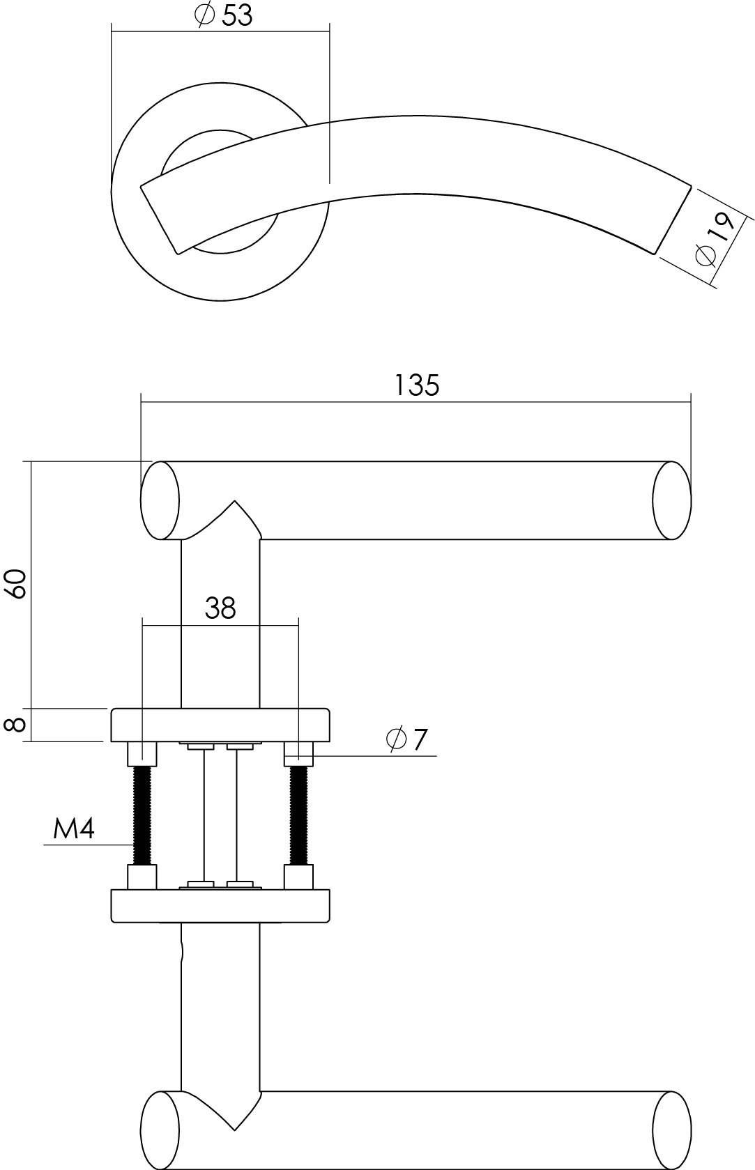 Intersteel Türdrücker Gebogen auf Rosette ø53x8 mm EN1906/4 mit Bad/WC 8 mm stift Edelstahl gebürste