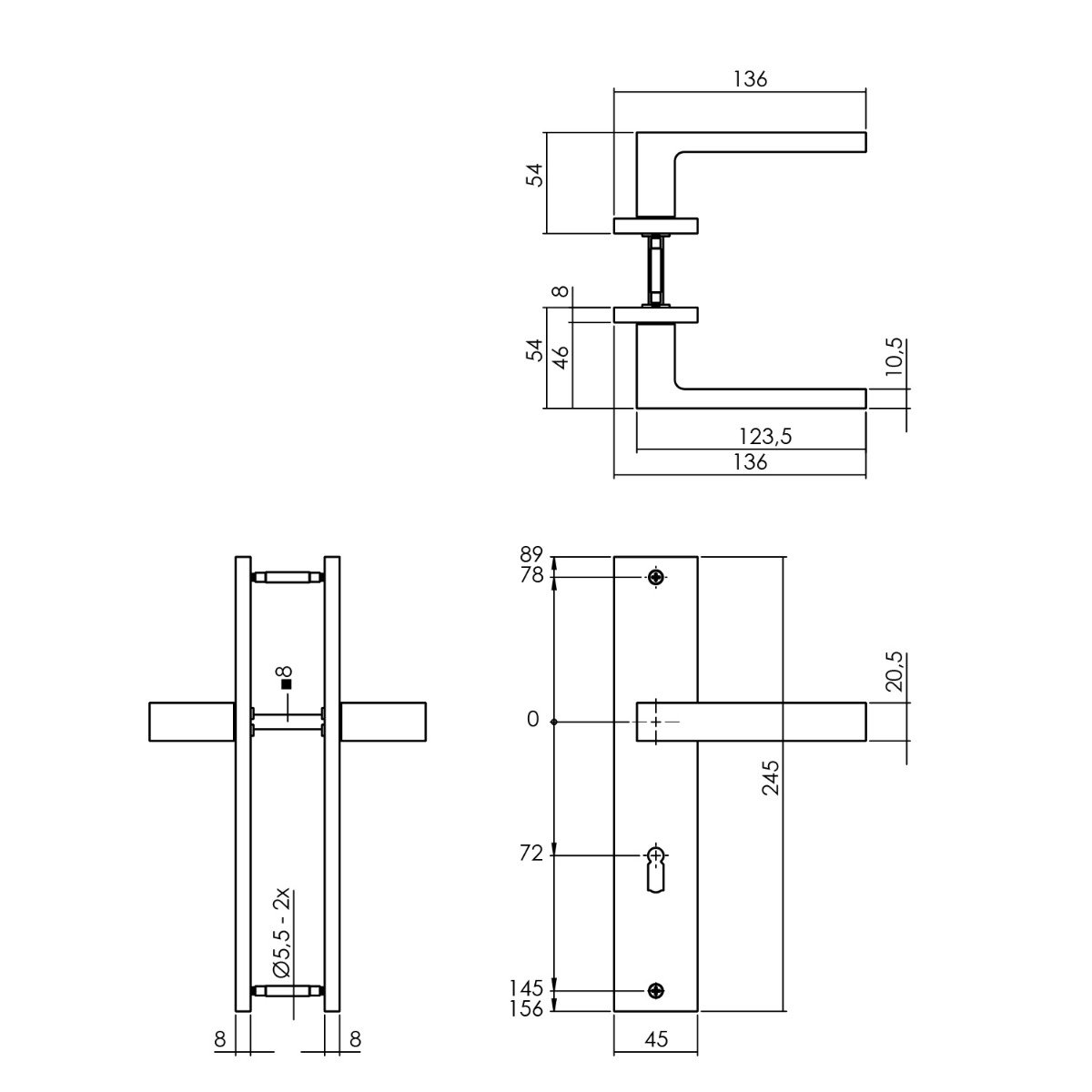 Intersteel Türdrücker Hera auf Schild 245x45 mm BB 72 mm mattschwarz